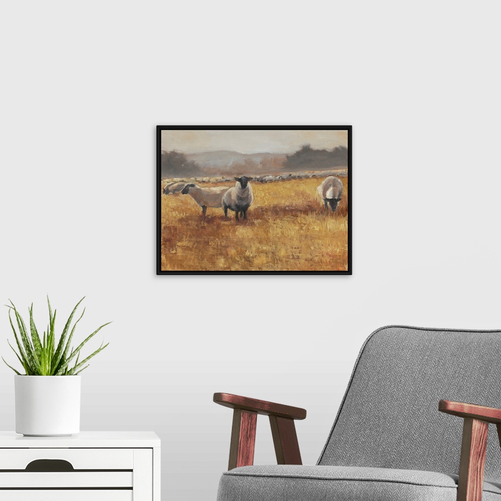 A modern room featuring Grazing At Sunset I