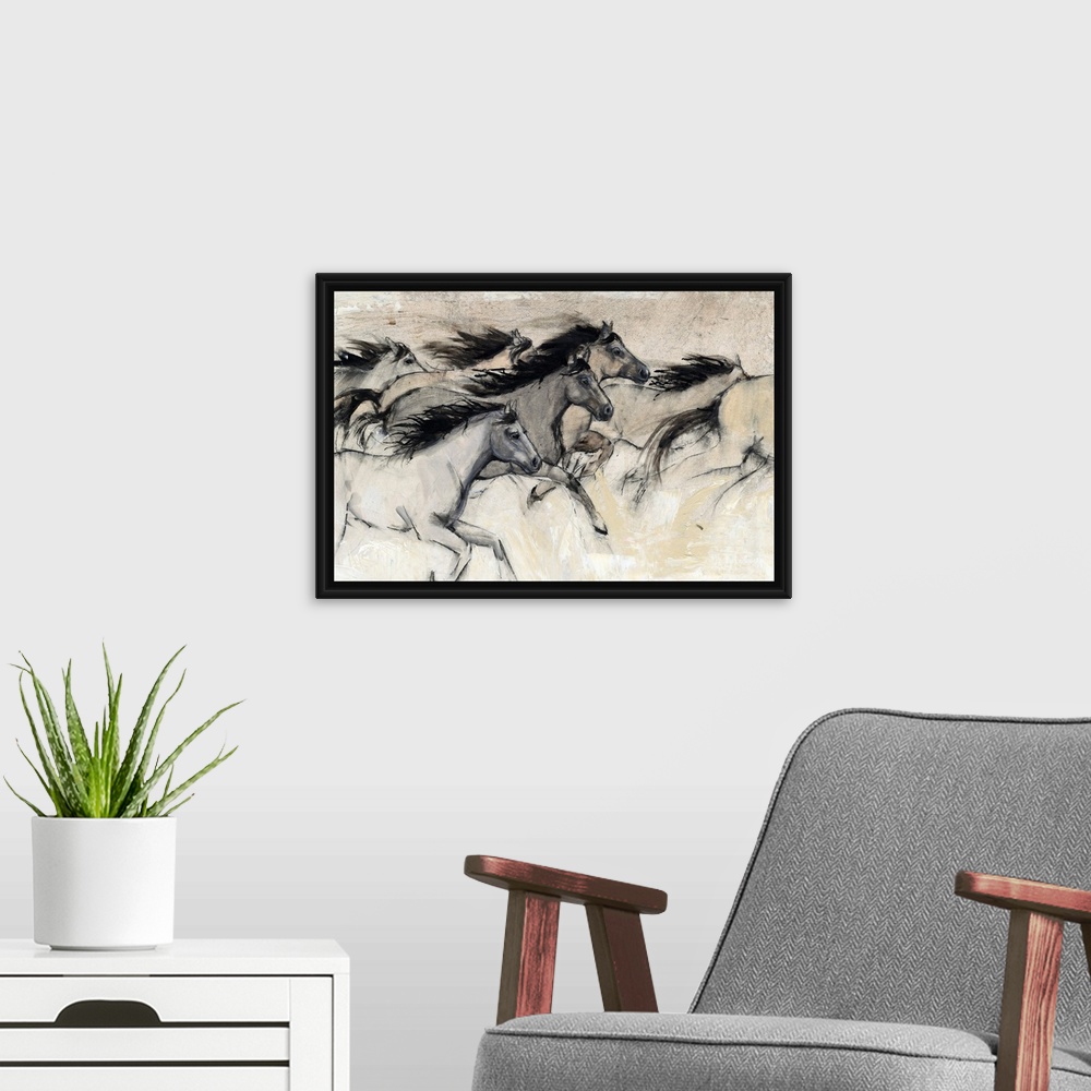 A modern room featuring Contemporary artwork of a herd of horses galloping at fast pace.