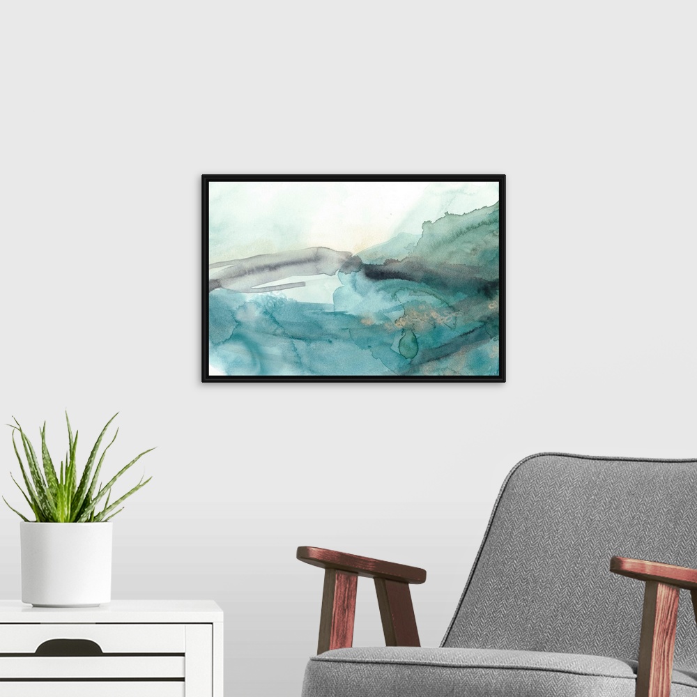 A modern room featuring Pale blue watercolor abstract, reminiscent of flowing water.
