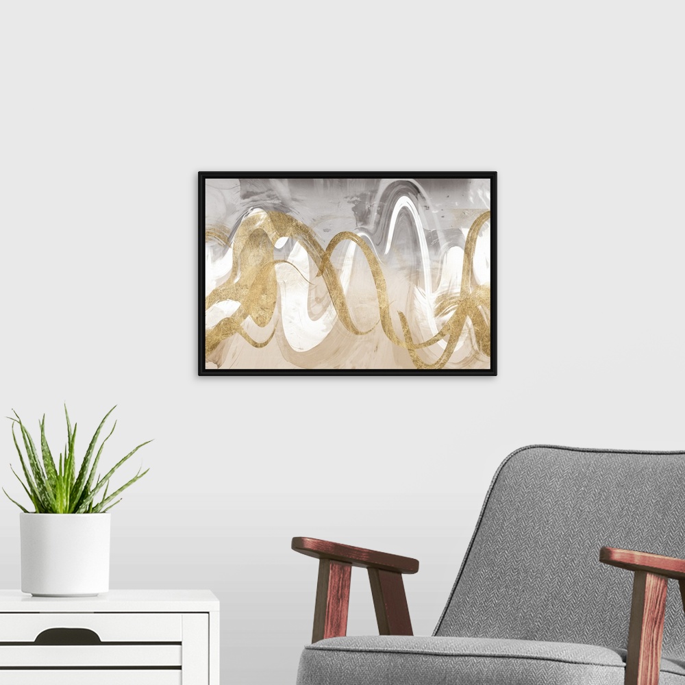 A modern room featuring Abstract contemporary painting of interweaving gold and white wavy lines.