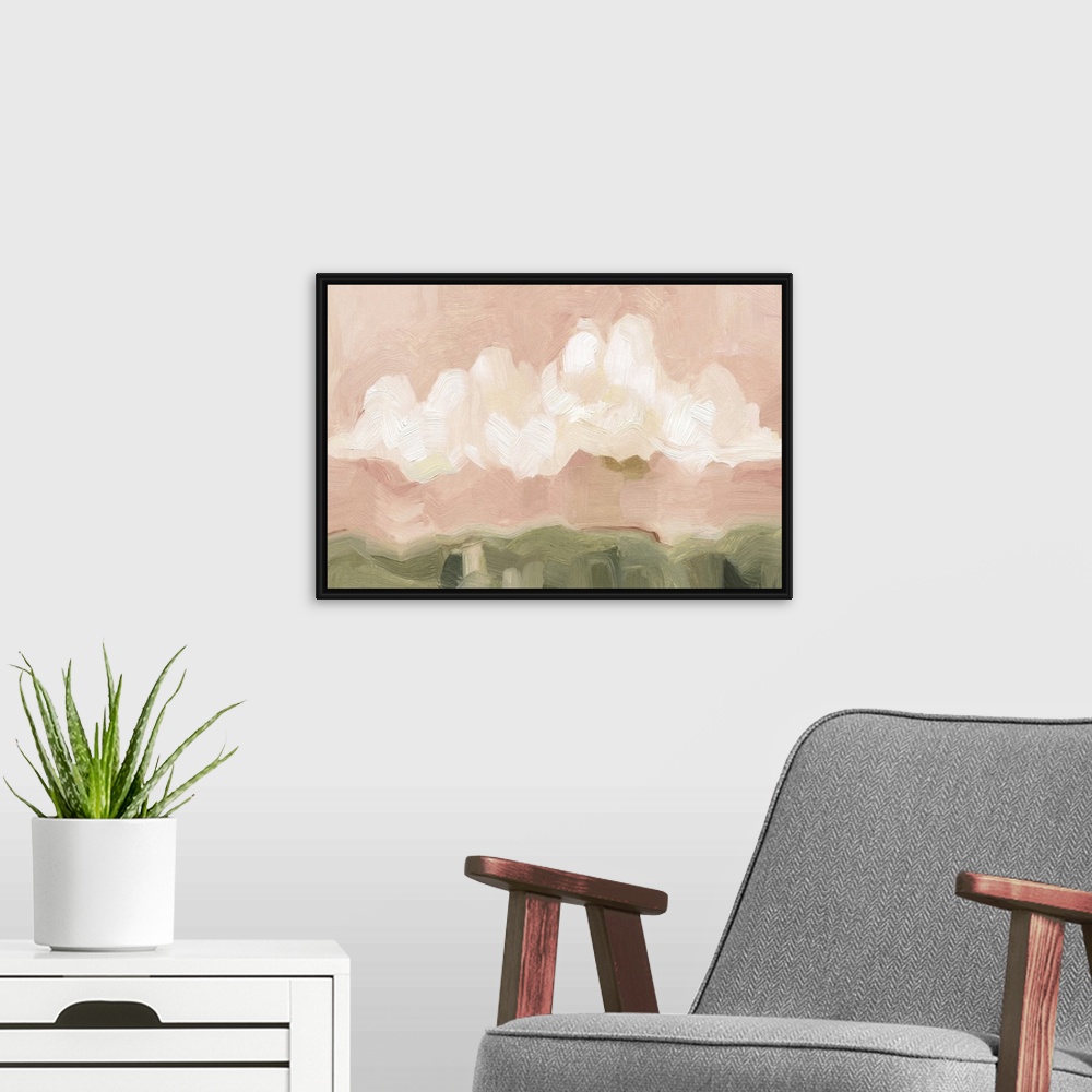 A modern room featuring Contemporary painting of bold, textured brush strokes of large white clouds in a pink sky over a ...