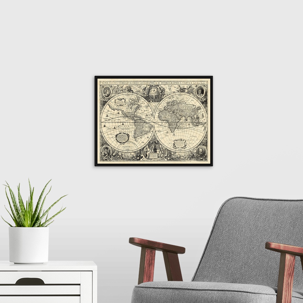 A modern room featuring Vintage World Map