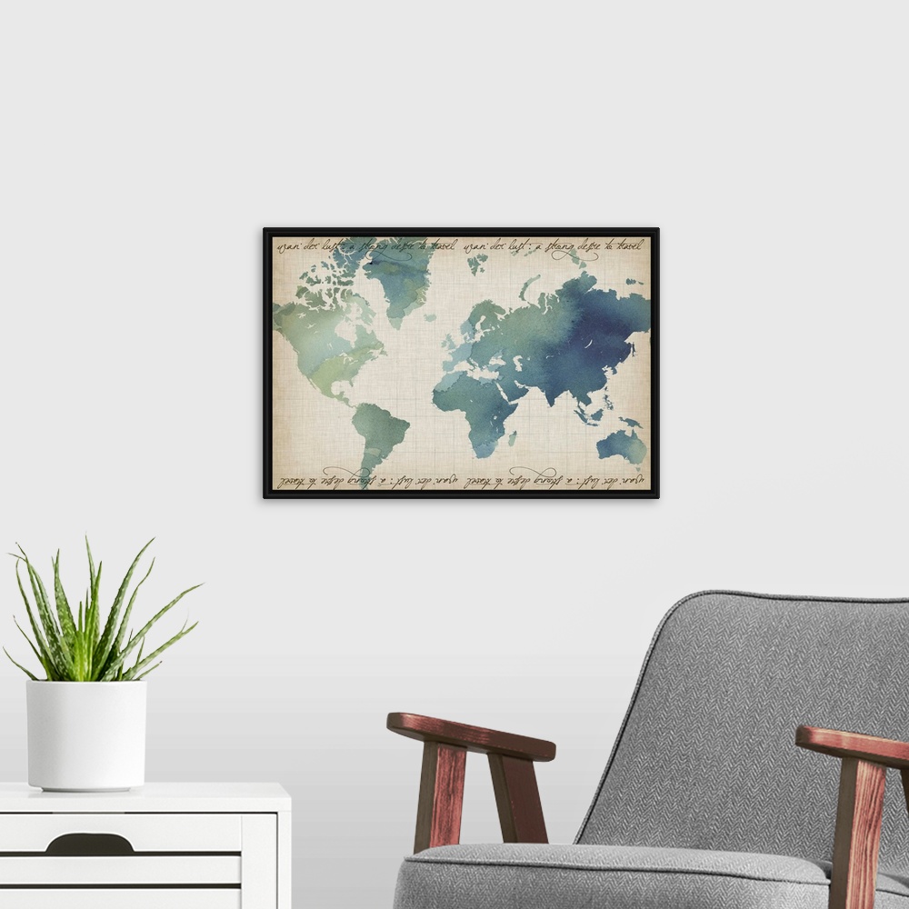 A modern room featuring Watercolor World Map