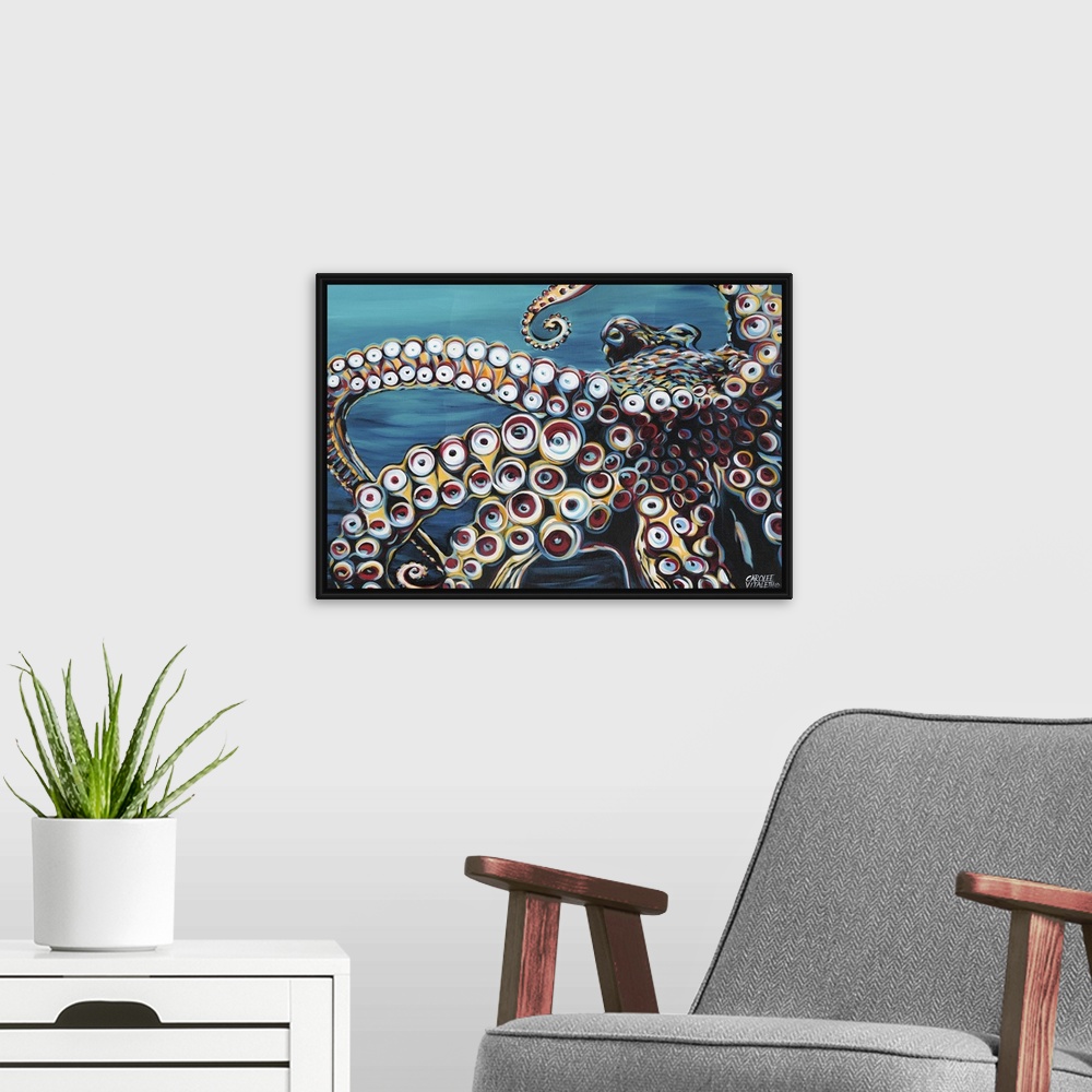 A modern room featuring Contemporary painting of an octopus up close, highlighting its circular suctioned tentacles.