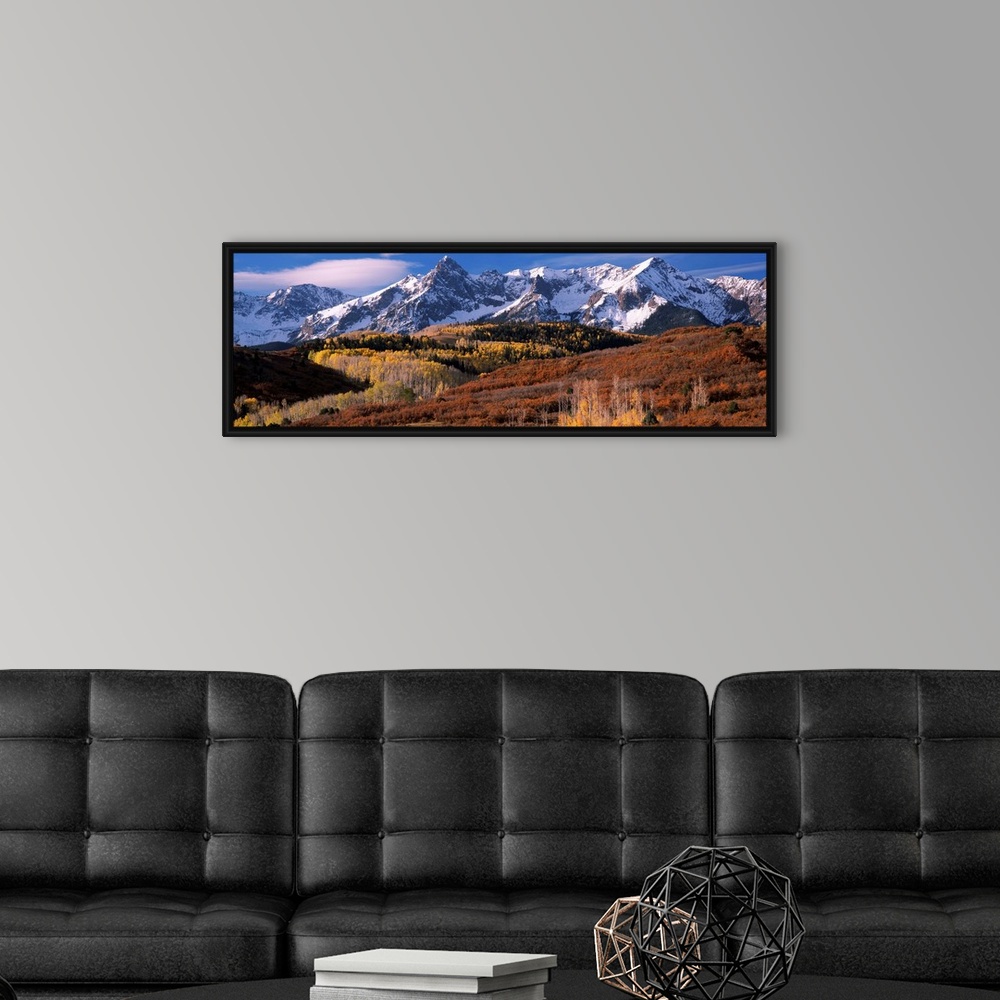 A modern room featuring Giant landscape photograph of a golden brown Colorado valley in front of snow covered mountains u...
