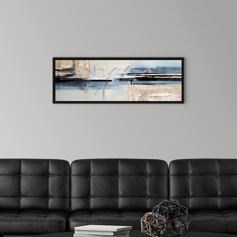 A modern room featuring Contemporary abstract painting using cool tones mixed neutral tones and harsh lines.