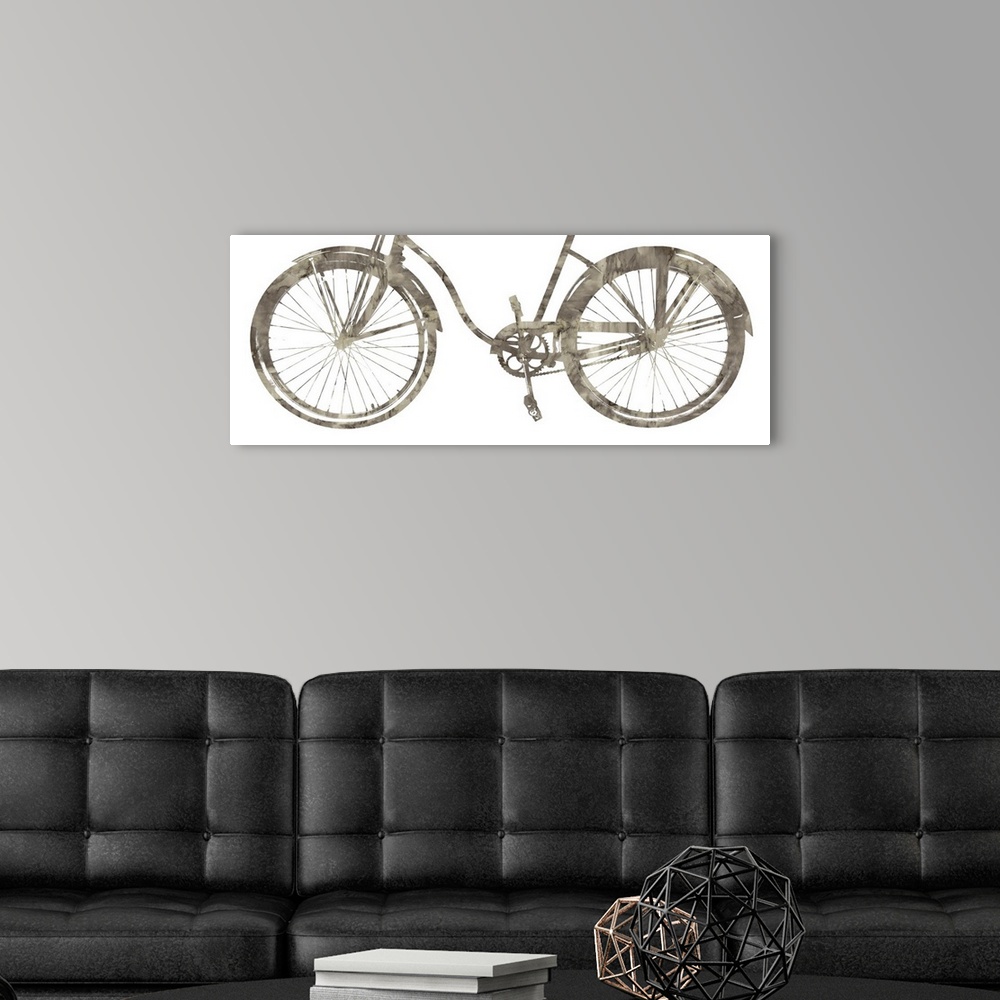 A modern room featuring Silhouette of the bottom part of a bicycle in shades of gray on a white background.