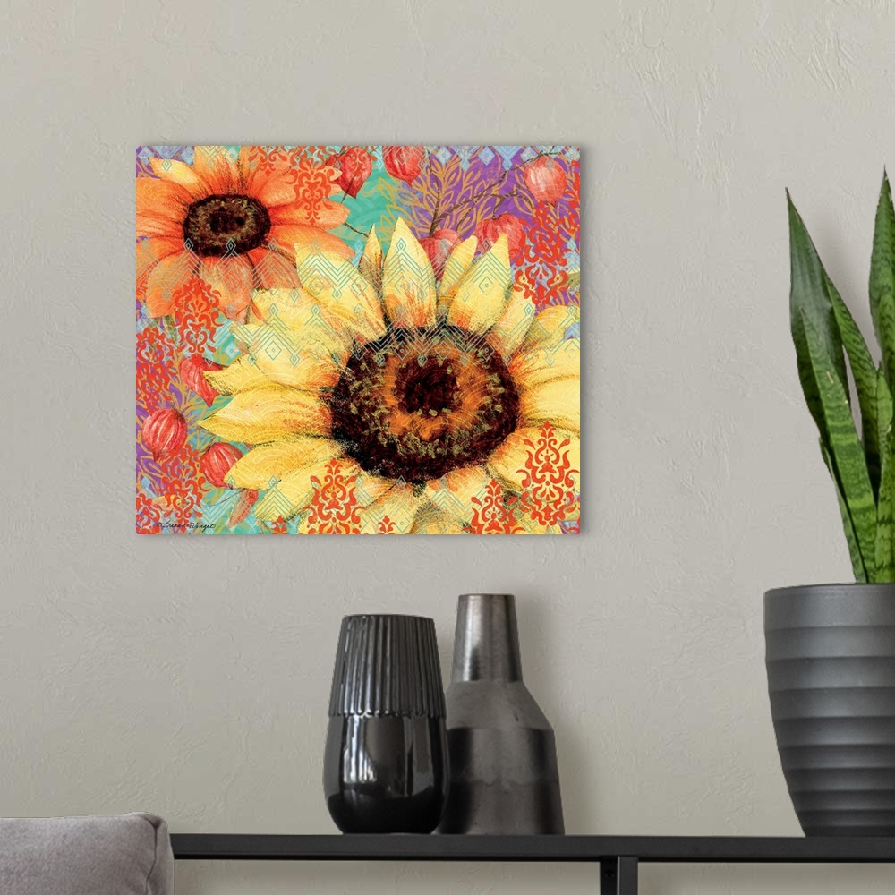 A modern room featuring This big, bold and bright sunflower makes a statement!