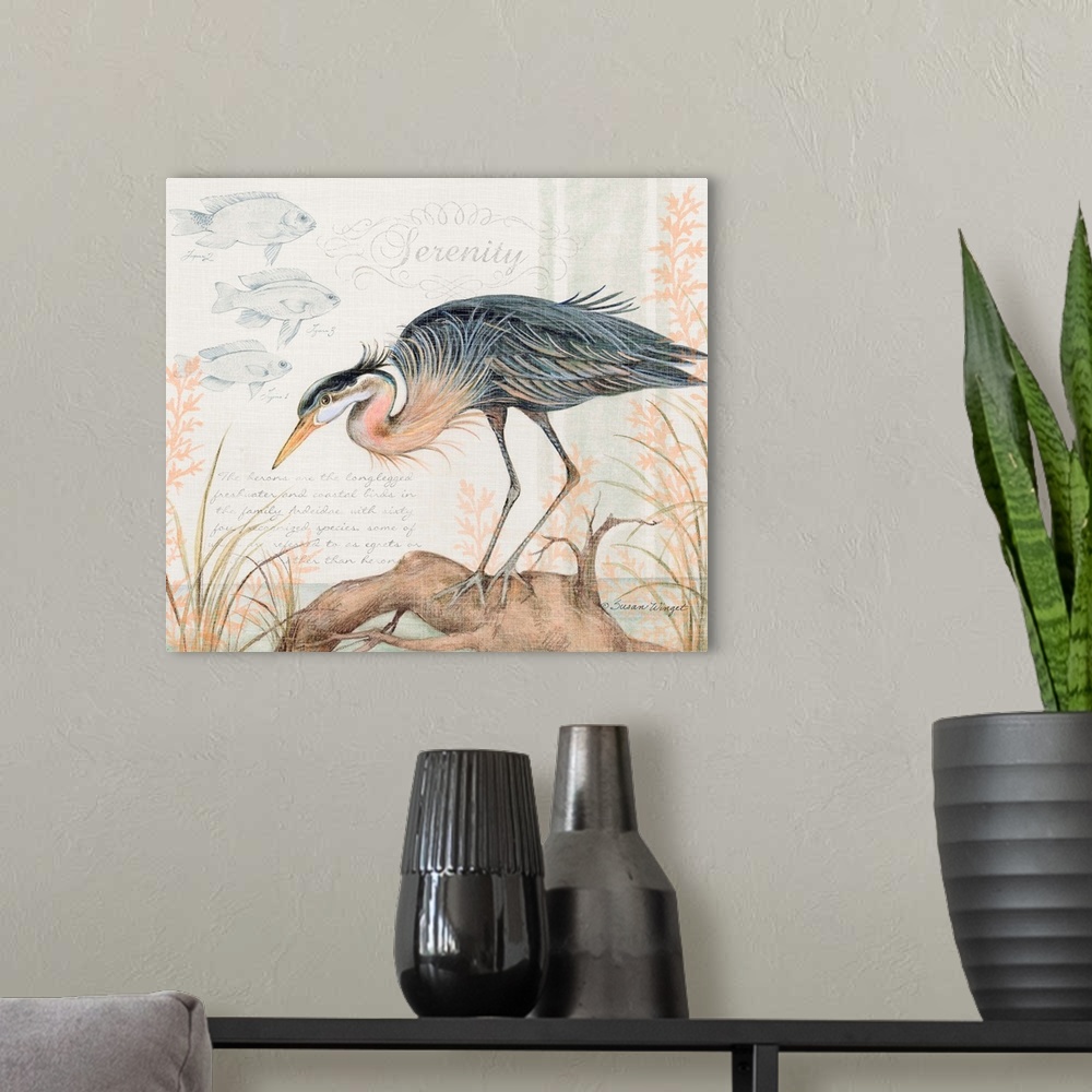 A modern room featuring This heron in a lovely watercolor scene brings the coast into your home.