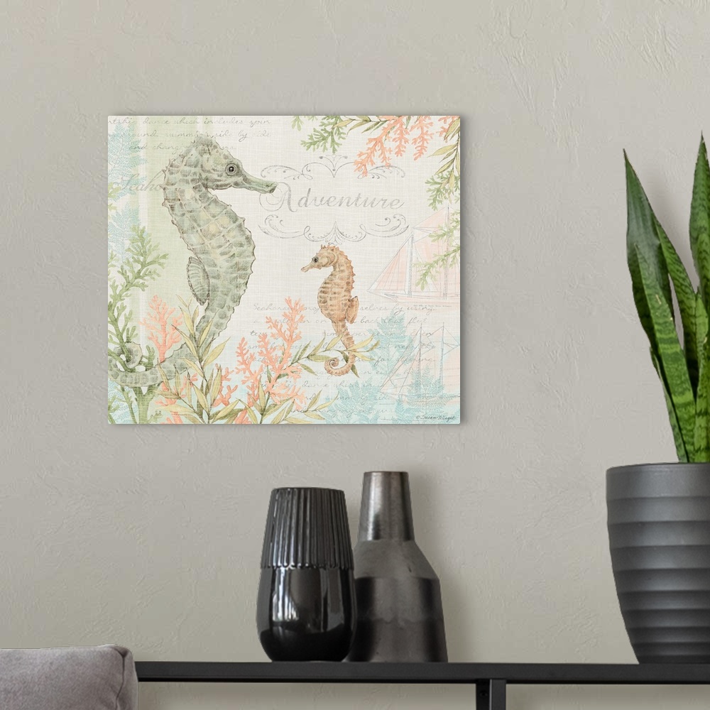 A modern room featuring This seahorse scene brings the coast into your home.