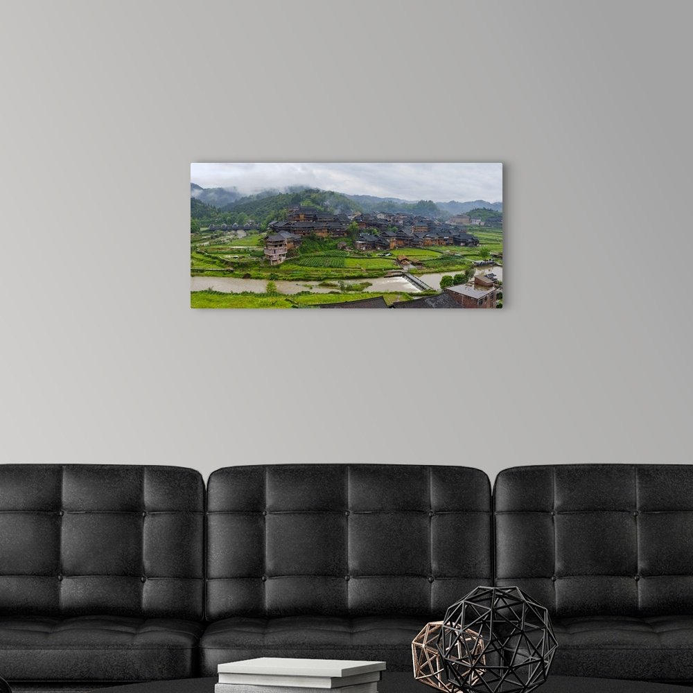 A modern room featuring Village with farmland in morning mist, Chengyang, Sanjiang, Guangxi Province, China
