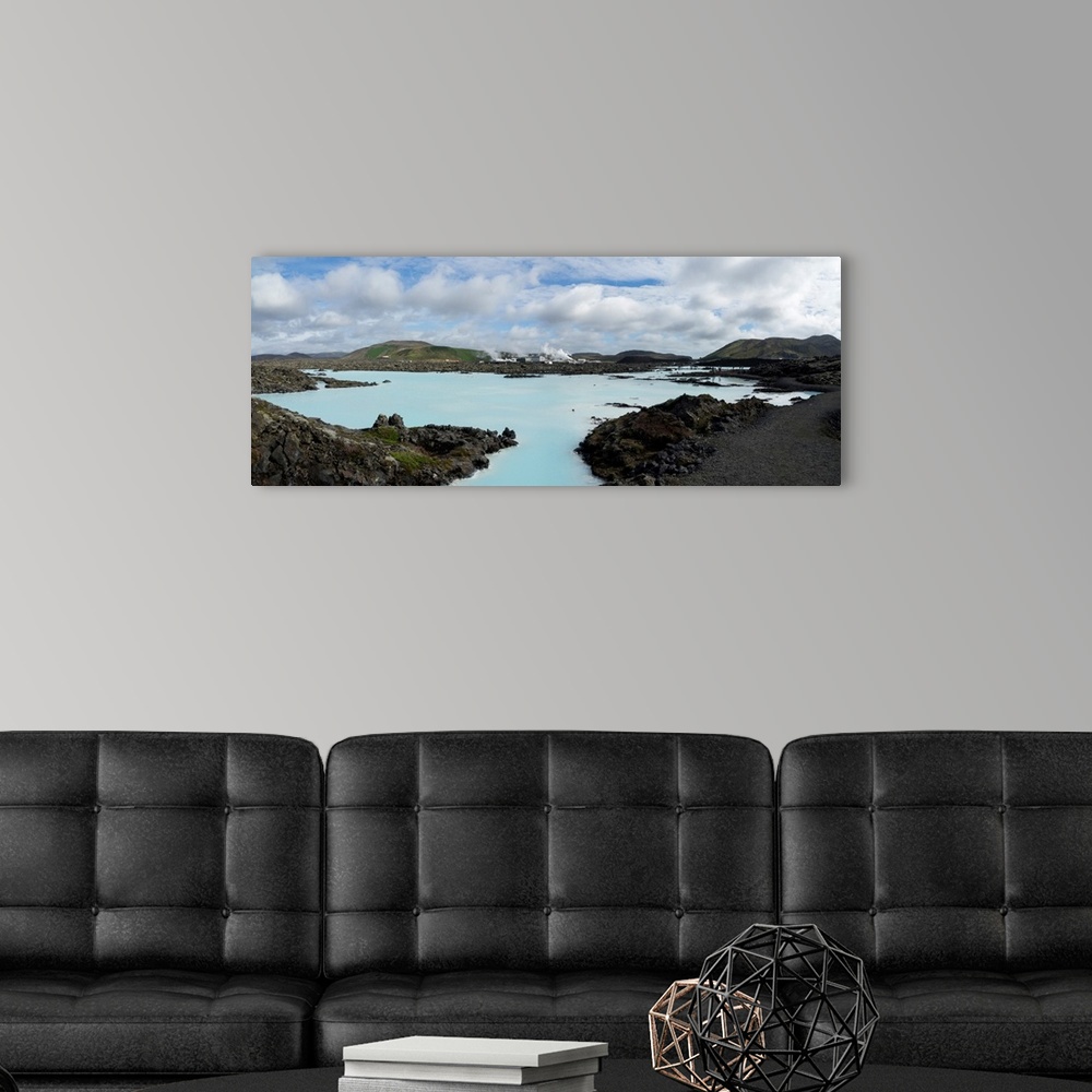 A modern room featuring Blue Lagoon with geothermal power station in the background, Reykjanes Peninsula, Iceland