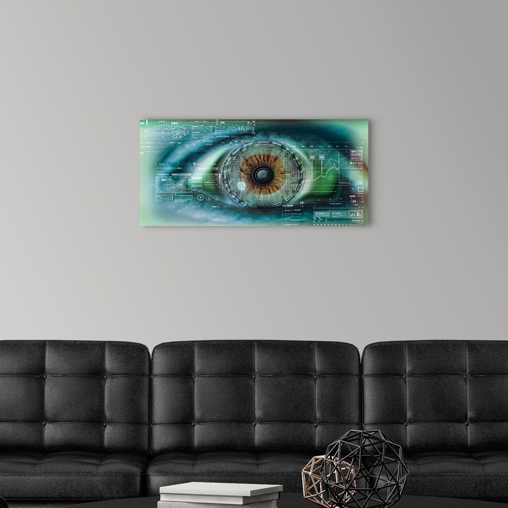 A modern room featuring Large, horizontal artwork of a close up image of the human eye, surrounded by digital, technical ...