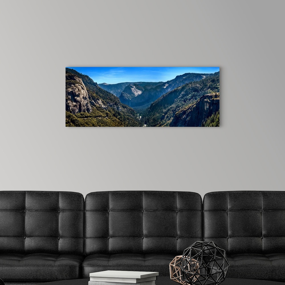 A modern room featuring Elevated view of trees in a valley, Yosemite National Park, California, USA.