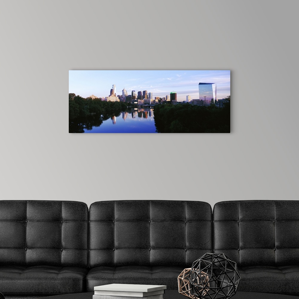 A modern room featuring Schuylkill River with skyscrapers in the background, Philadelphia, Pennsylvania, USA