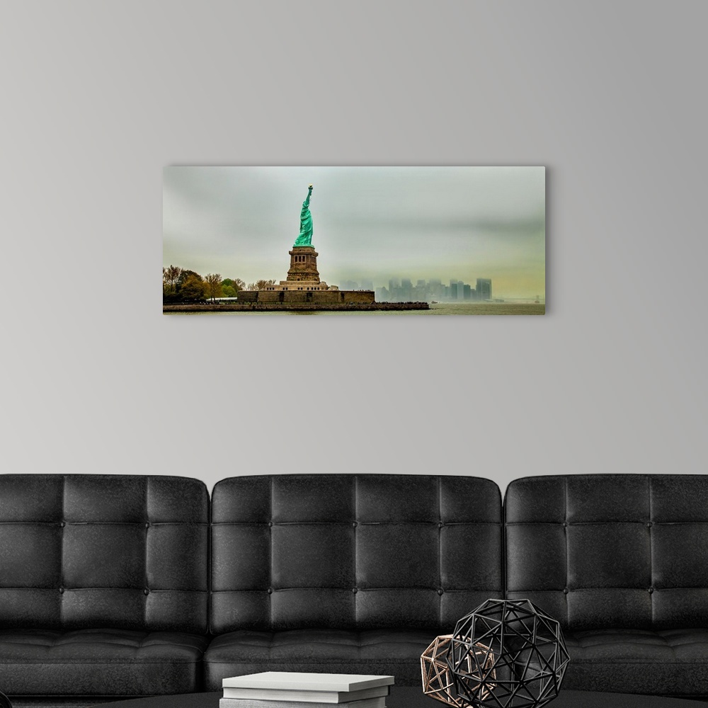 A modern room featuring Statue of Liberty with cityscape in the background, Liberty Island, New York City, New York State...