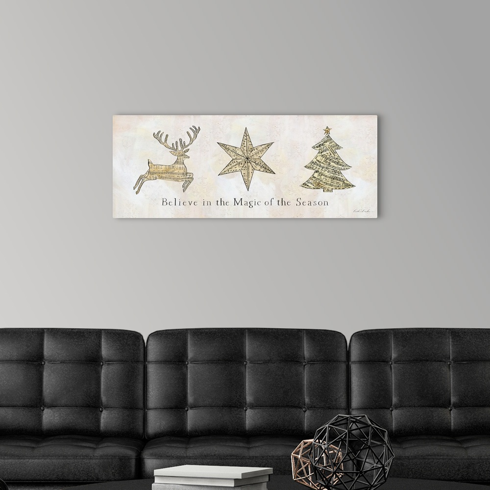 A modern room featuring "Believe in the Magic of the Season" along with a deer, star and tree silhouette made of sheet mu...