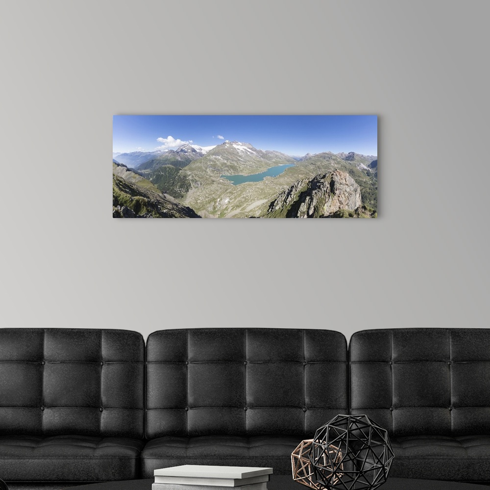 A modern room featuring Panorama of the blue Lago Bianco surrounded by high peaks, Bernina Pass, Canton of Graubunden, En...