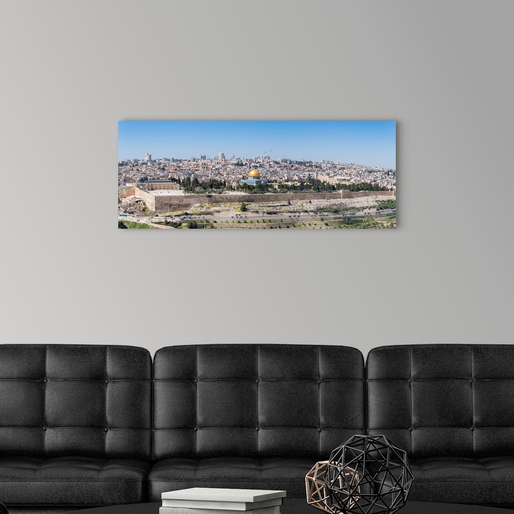 A modern room featuring Tombstones on the Mount of Olives with the Old City in background, Jerusalem, Israel