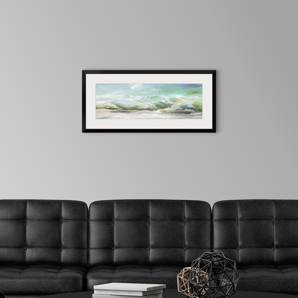 A modern room featuring A contemporary panoramic painting of green ocean waves washing onto the sand - a calm image perfe...