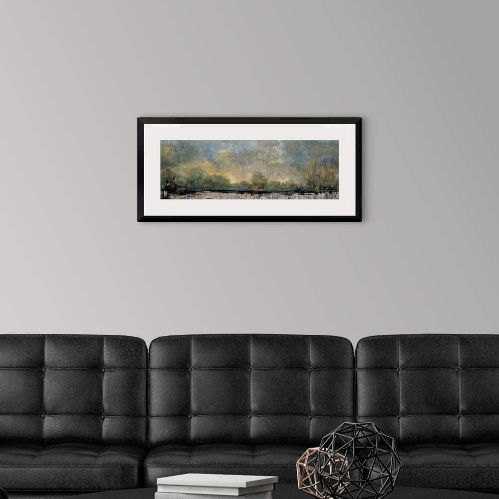 A modern room featuring Contemporary painting of a landscape in a dark pale tones.