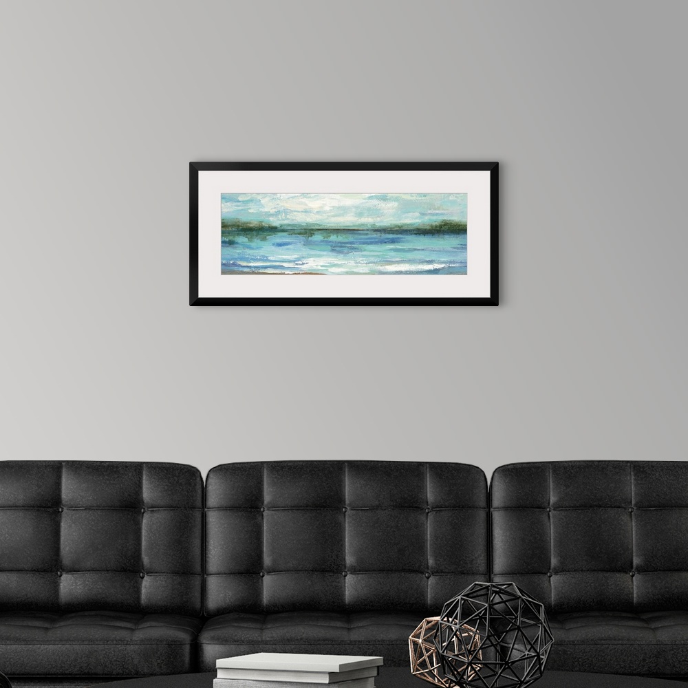 A modern room featuring Contemporary landscape painting of a lake scene.
