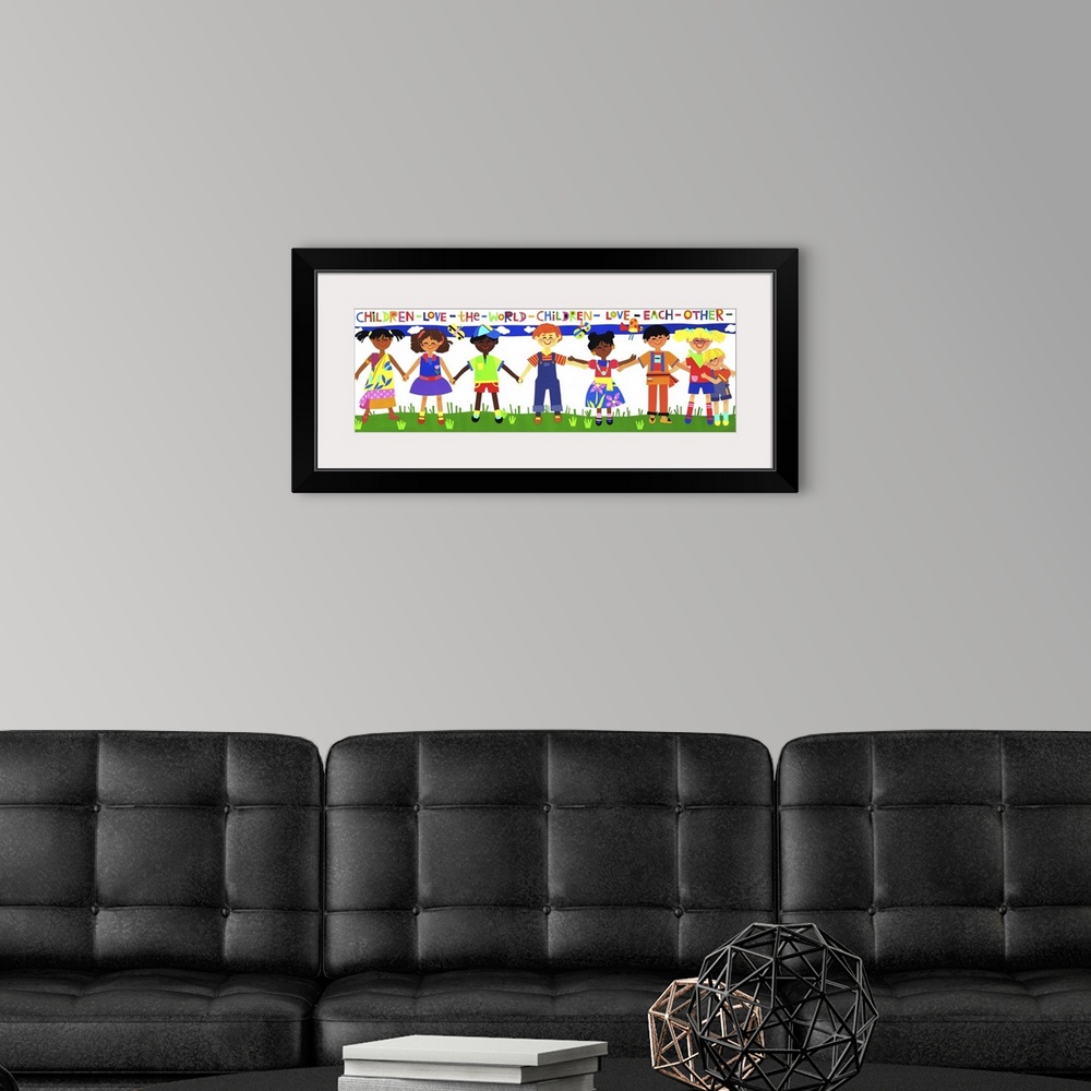 A modern room featuring Illustration of several children of different ethnicities holding hands.