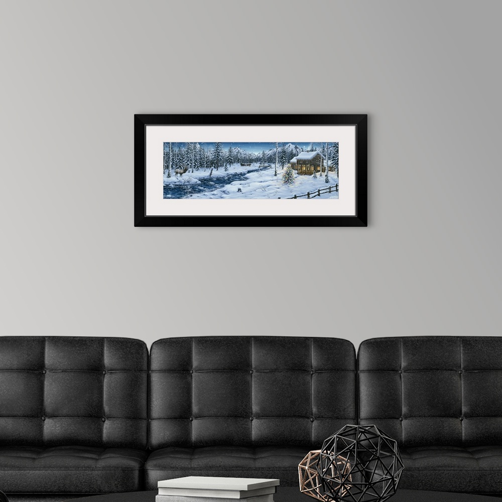 A modern room featuring Elk standing by a stream looking across at a cabin that is decorated for Christmas.  A horse draw...