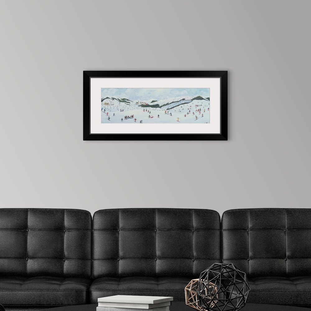 A modern room featuring Contemporary painting of people enjoying  the snow in a hilly landscape.