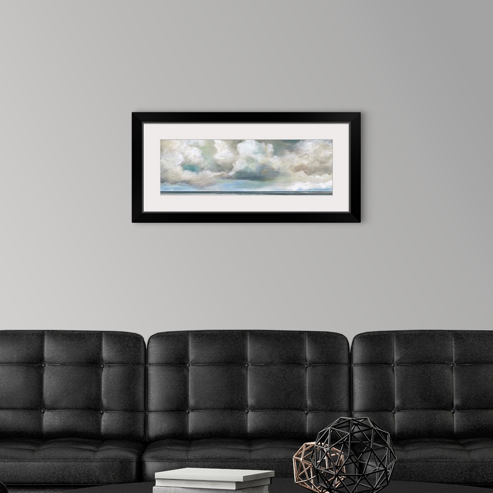 A modern room featuring In this contemporary panoramic painting, brisk brush strokes compose white fluffy clouds that dri...