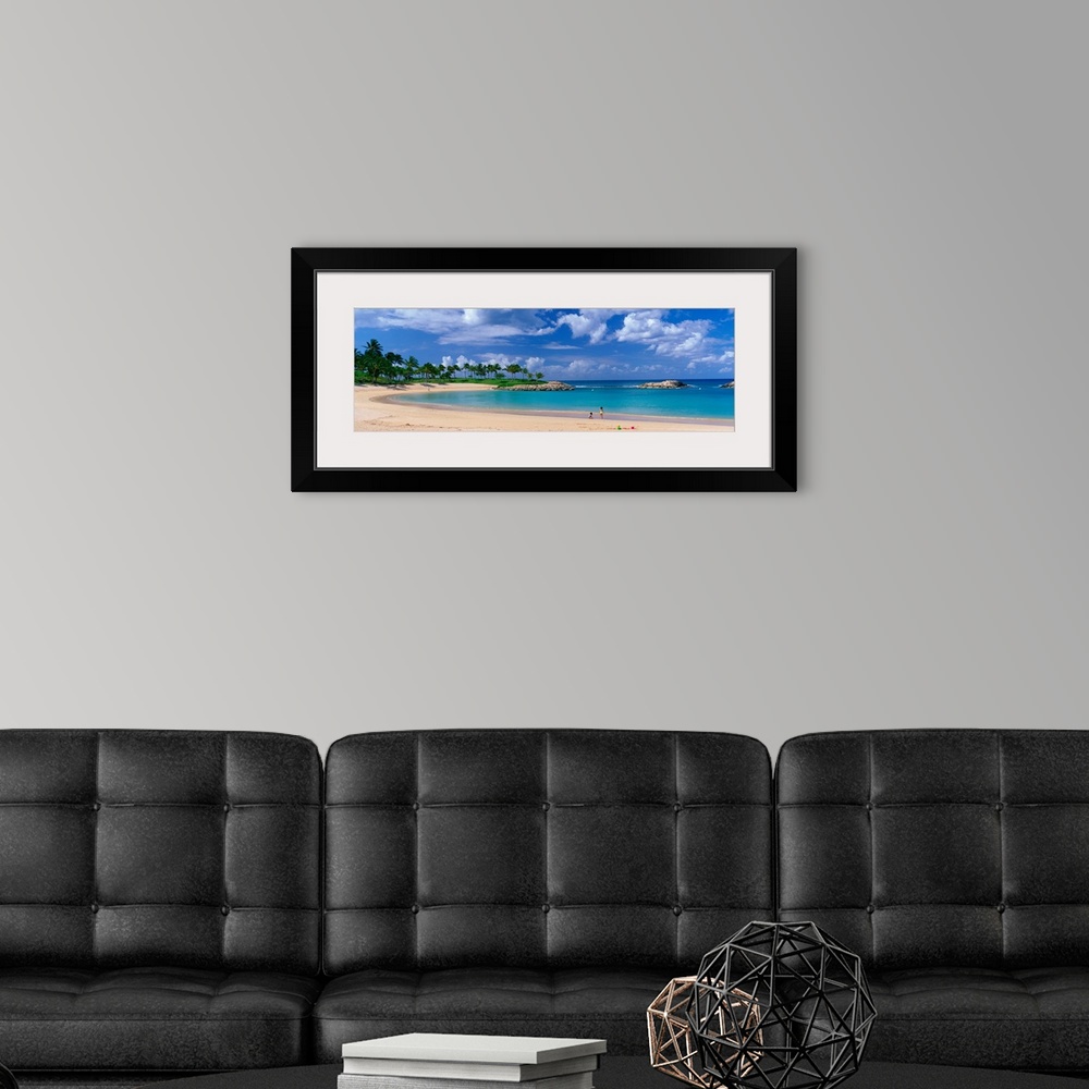 A modern room featuring A panoramic photograph of a tropical cover on an island lined with palm trees and clear water.