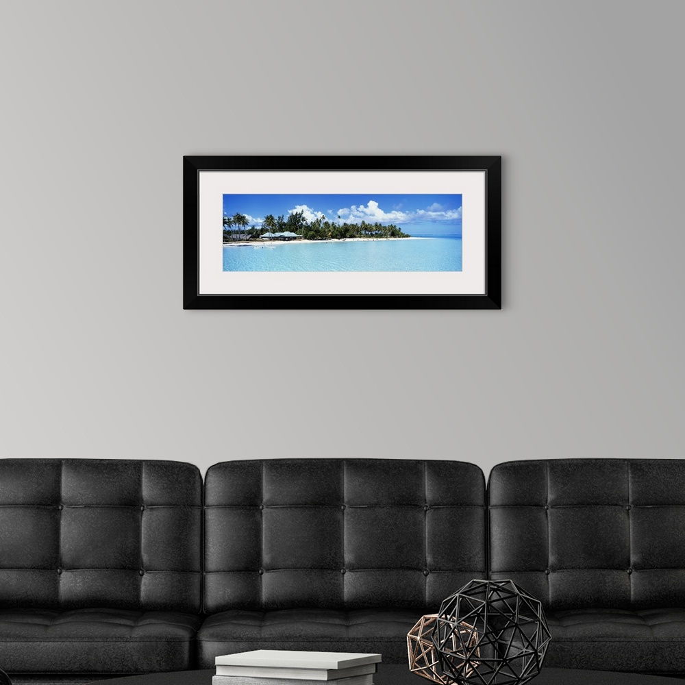 A modern room featuring A panoramic photograph of a tropical beach covered with palm trees and small open shelters surrou...