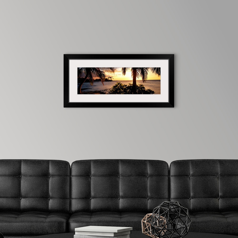 A modern room featuring Panoramic wall art photo for the office or home of the Hawaiian coast; palm trees grow along the ...