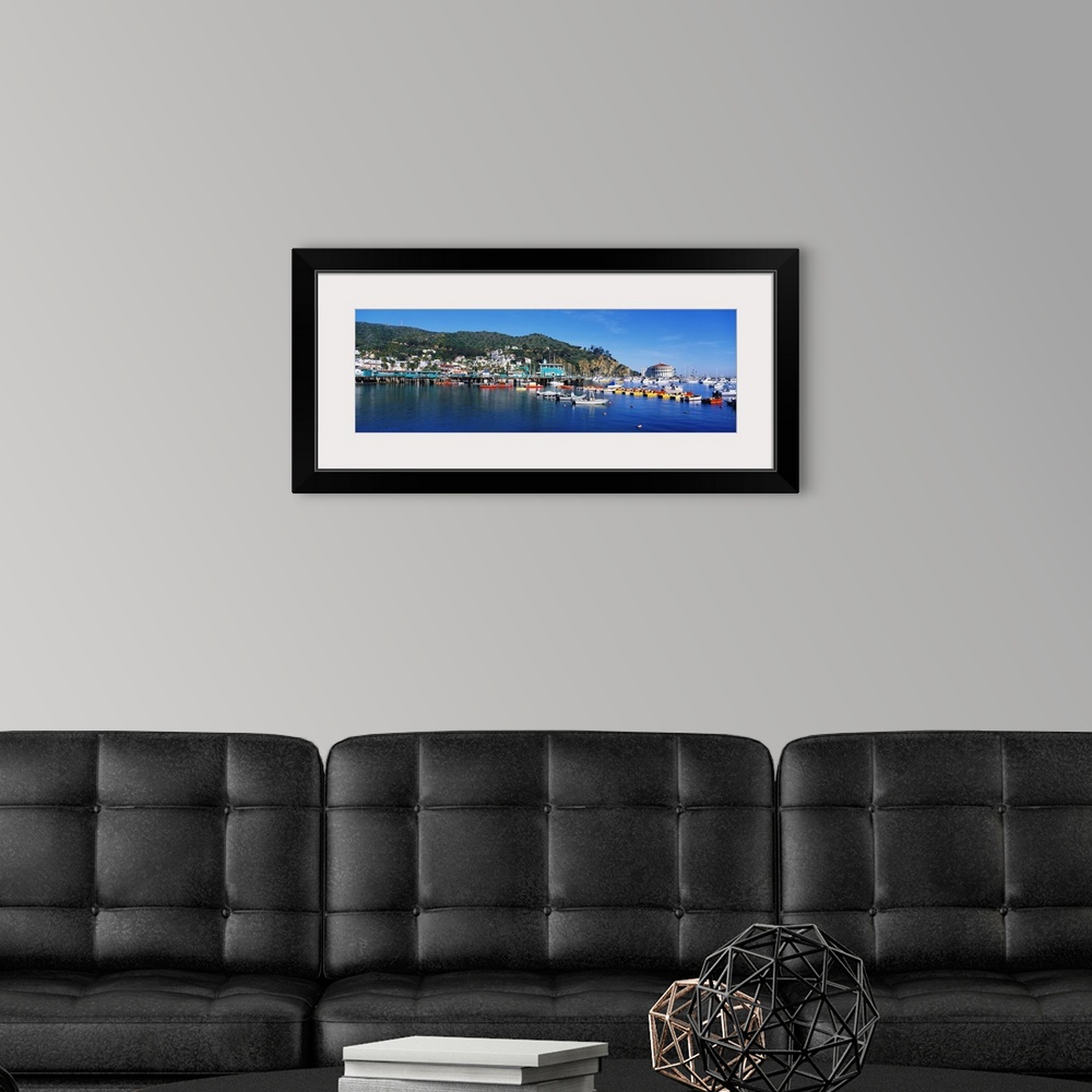 A modern room featuring Wide angle shot of boats that are docked in the marina in Catalina California.