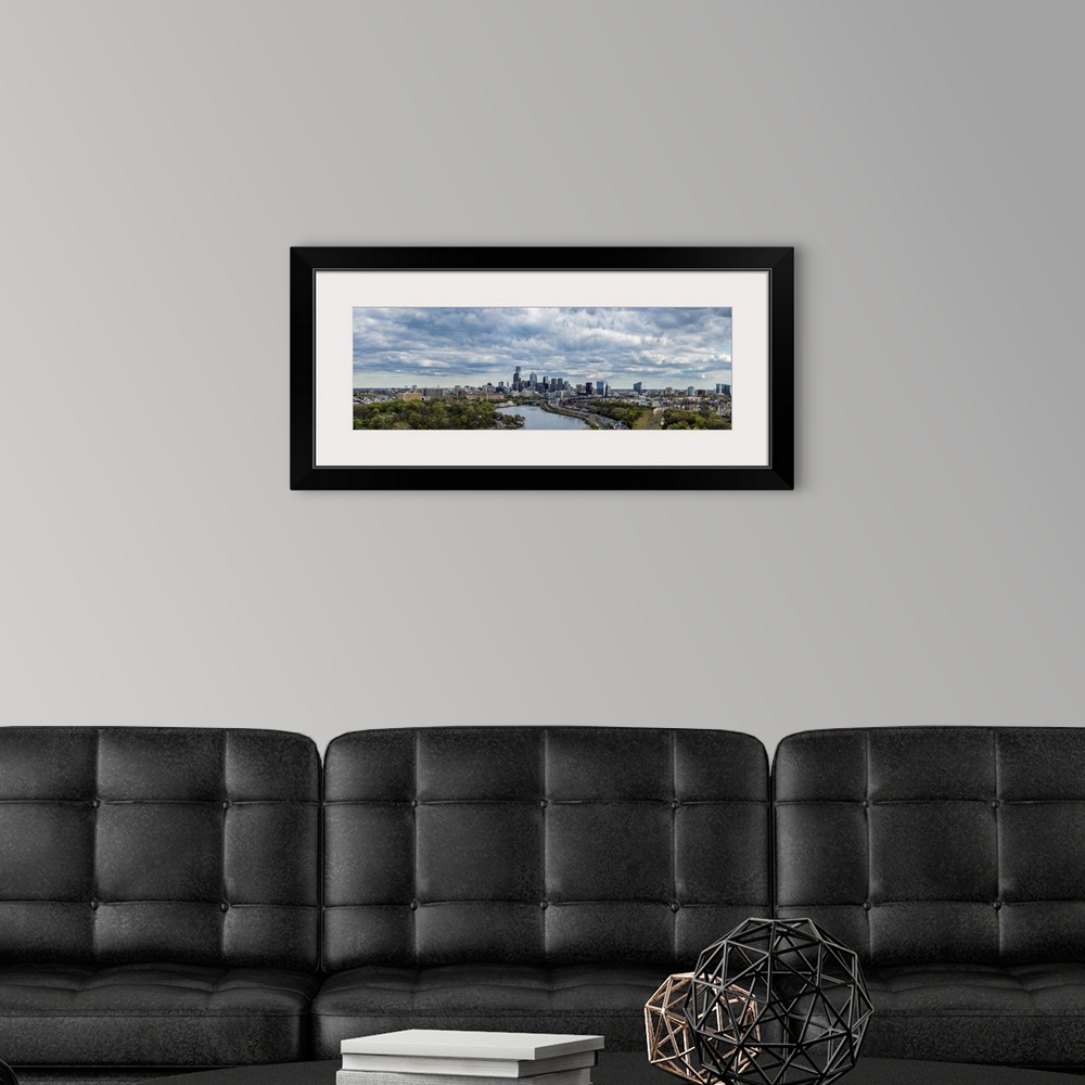 A modern room featuring Philadelphia Skyline at waterfront, Schuylkill River, Pennsylvania, USA.