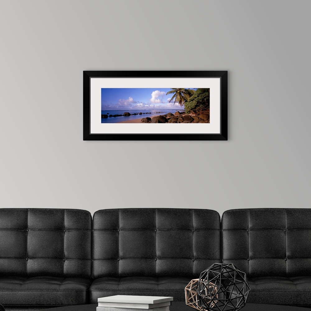 A modern room featuring Panoramic photograph displays a sandy beach filled with large rocks and palm trees on a sunny day...