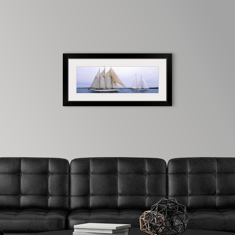 A modern room featuring Panoramic canvas photo of two big sailboats in a bay.