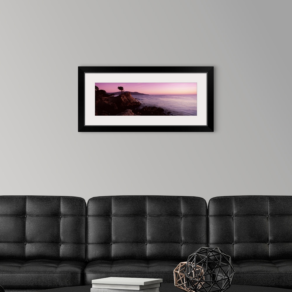 A modern room featuring Landscape photograph on a large wall hanging of a silhouetted cypress tree on the edge of a rocky...
