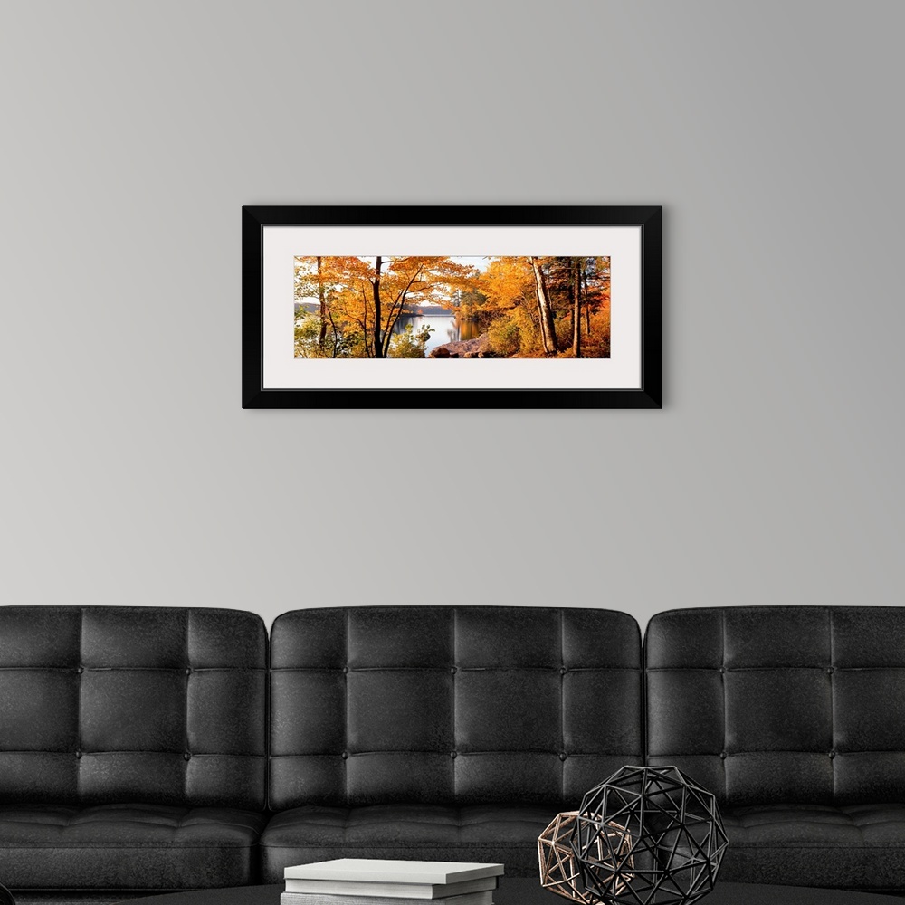 A modern room featuring Fall foliage frames a panoramic landscape of a lake with calm smooth water.