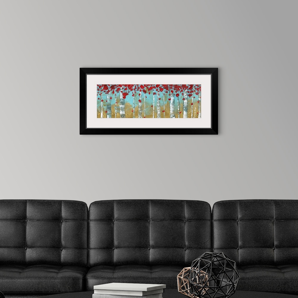 A modern room featuring Panoramic painting of Birch trees on a gold and light blue background with bright red leaves.