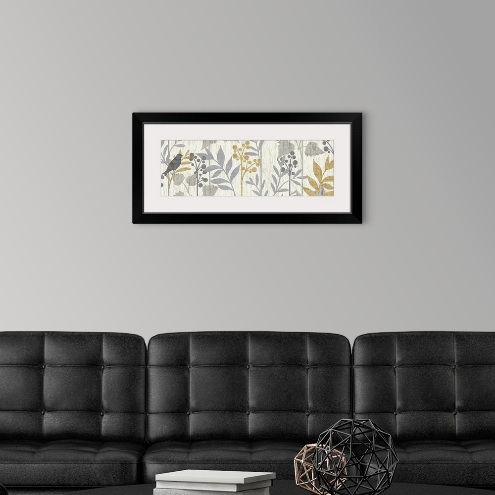 A modern room featuring Artwork perfect for the home that has a bird skewed to the left side of the panoramic piece and b...
