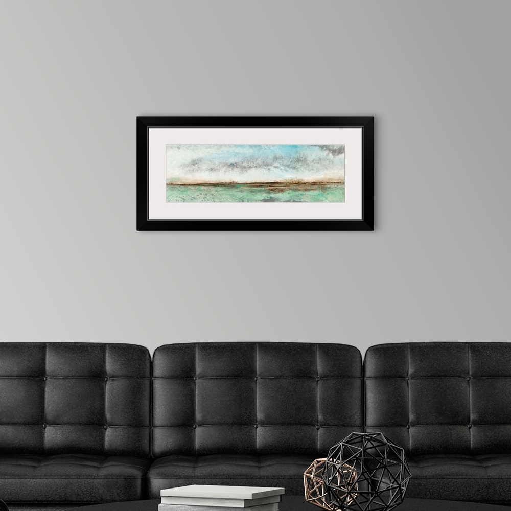 A modern room featuring Contemporary seascape painting of turquoise water under a blue sky.