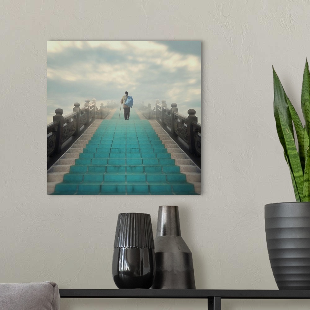 A modern room featuring Conceptual image of a man with a bag walking up a set of turquoise stairs into the clouds.