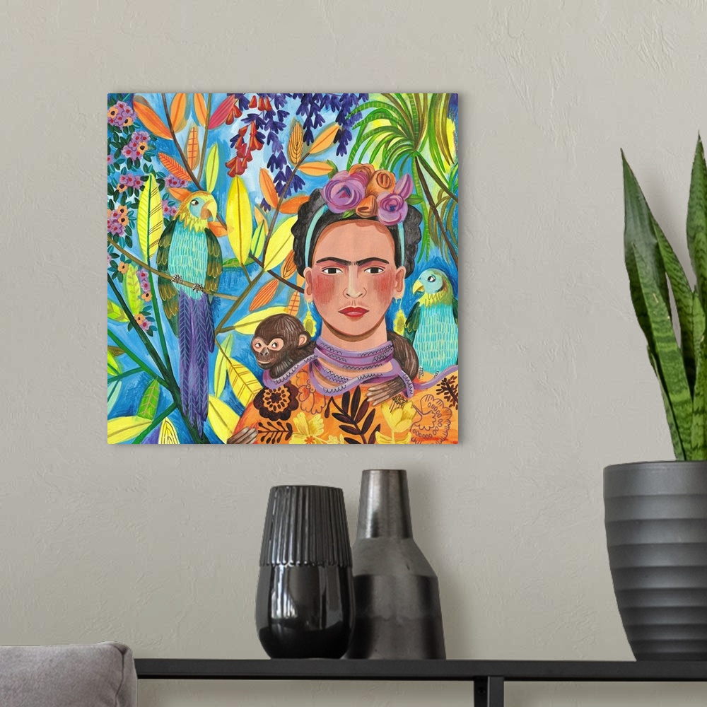 A modern room featuring Frida And Her Parrots
