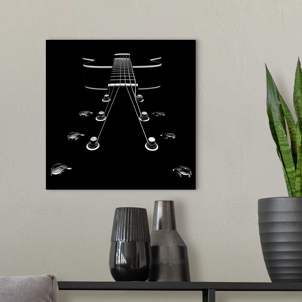A modern room featuring Abstract view of the strings and frets down the neck of a guitar.