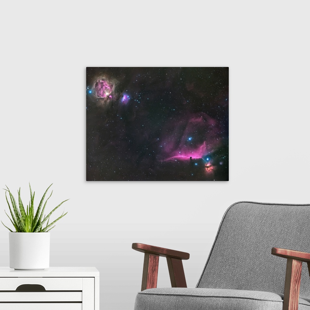 A modern room featuring Orion Nebula and The Horsehead