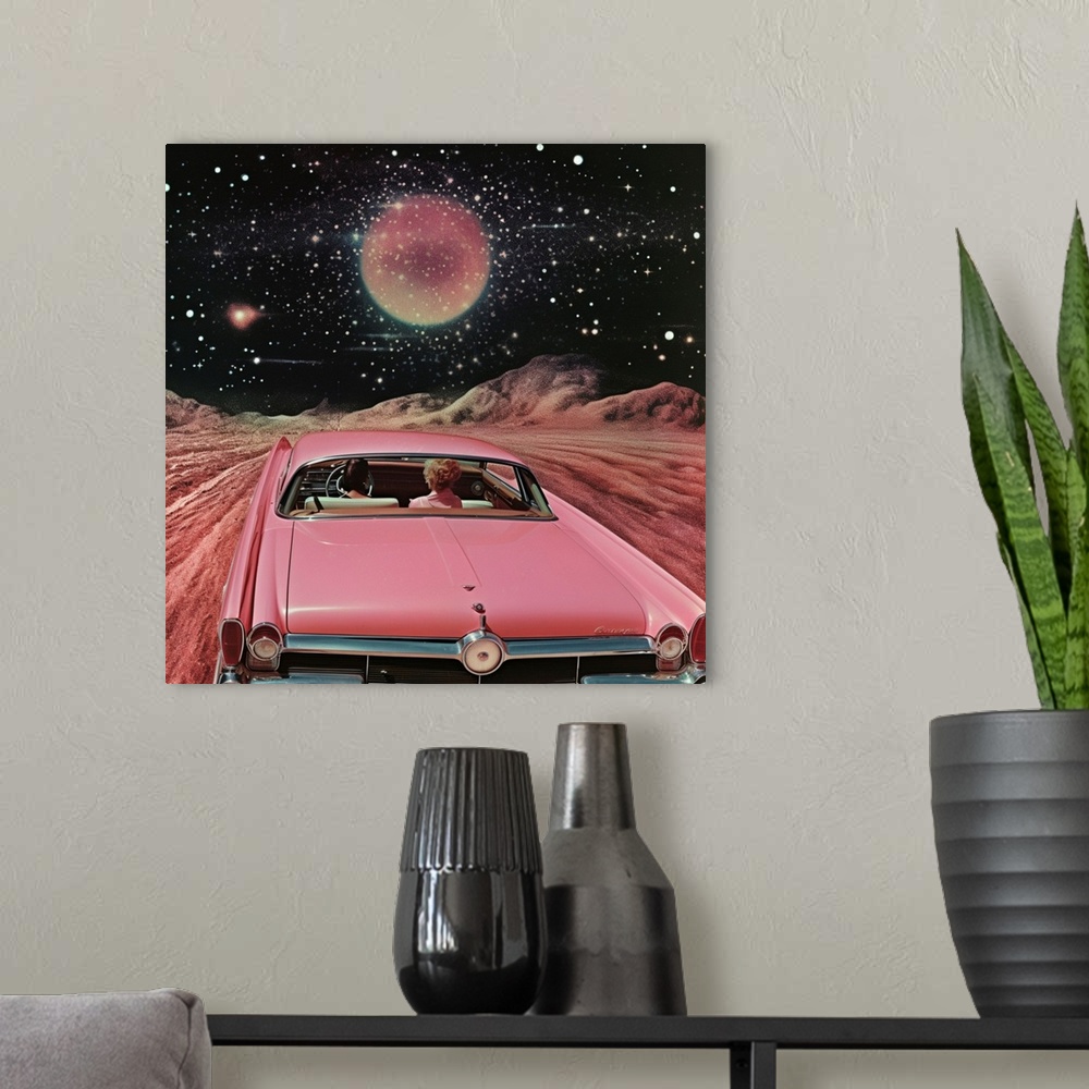 A modern room featuring Pink Vintage Car In Space