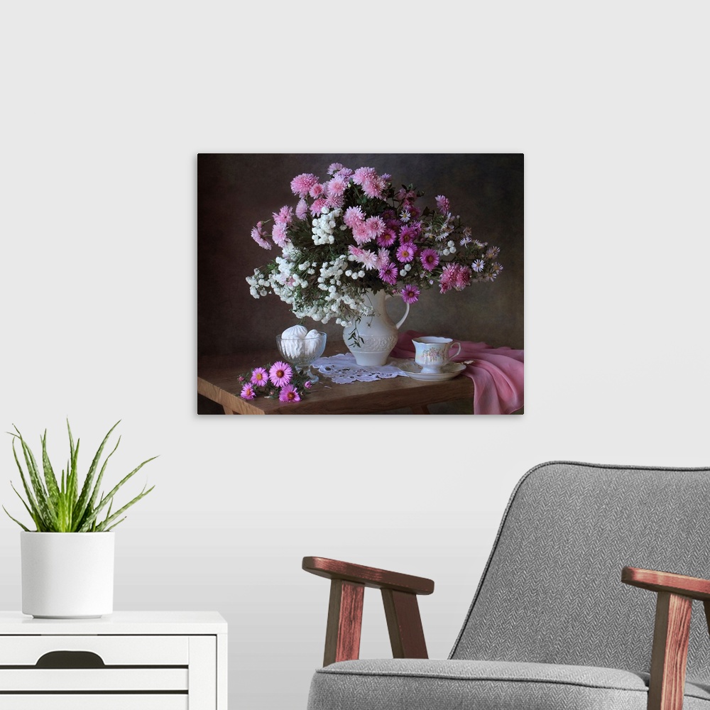 A modern room featuring Still Life With Chrysanthemums
