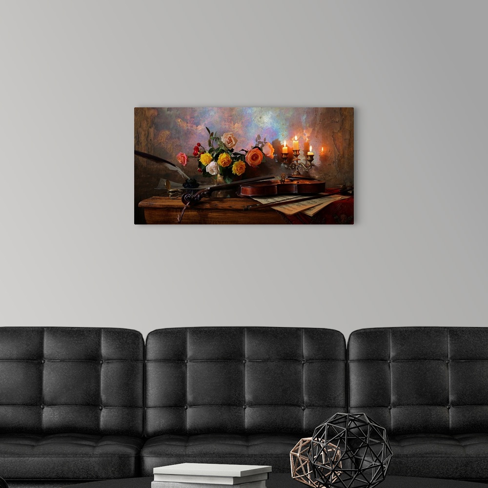 A modern room featuring Still Life With Violin And Flowers
