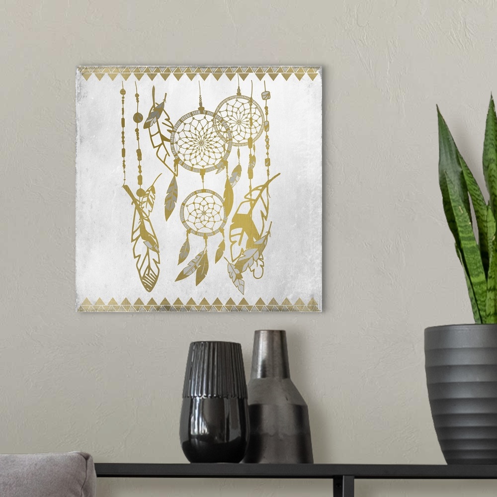 A modern room featuring Gold and silver dreamcatcher and feather design.